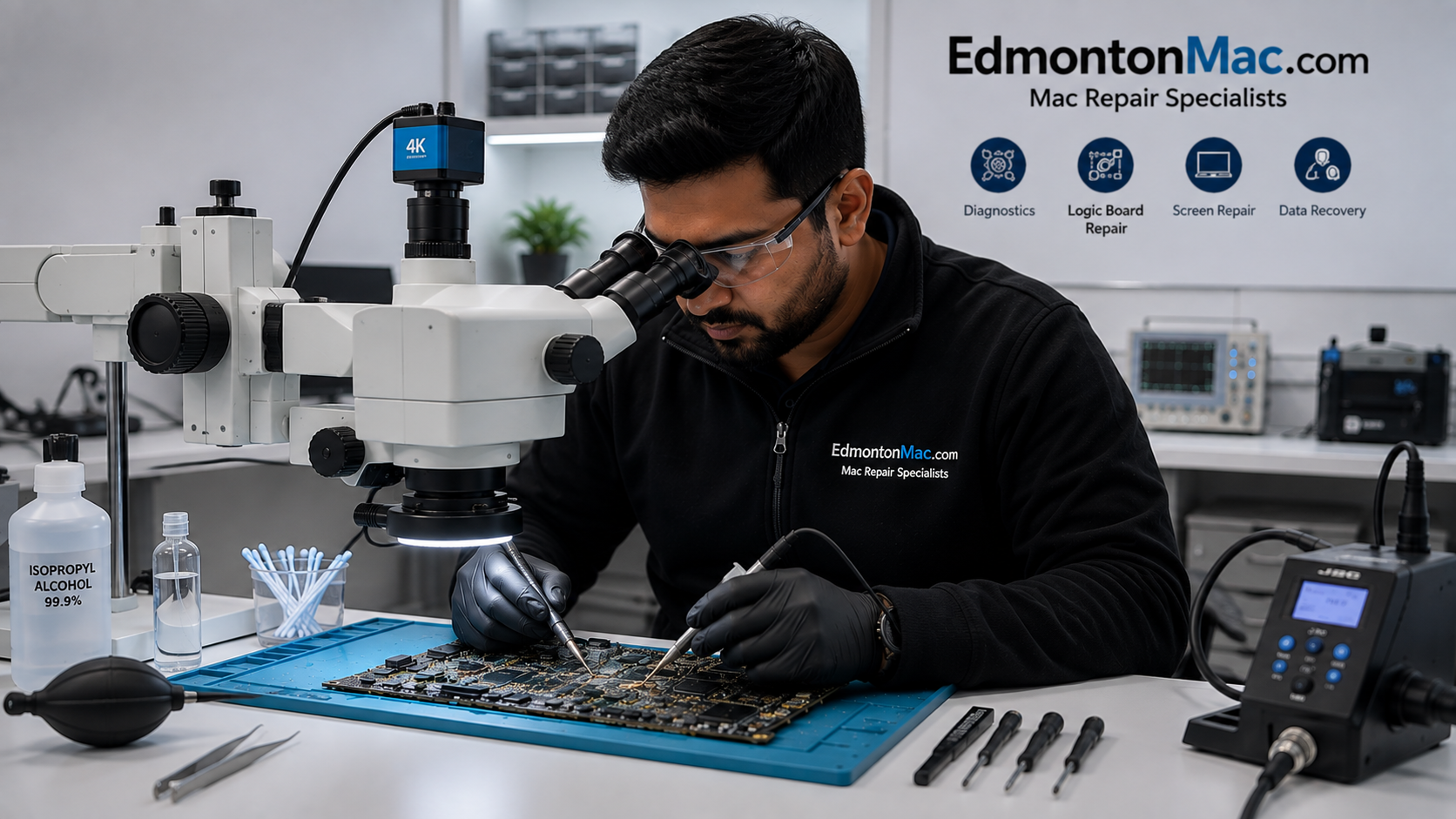 Technician using a microscope for Mac logic board repair in Edmonton