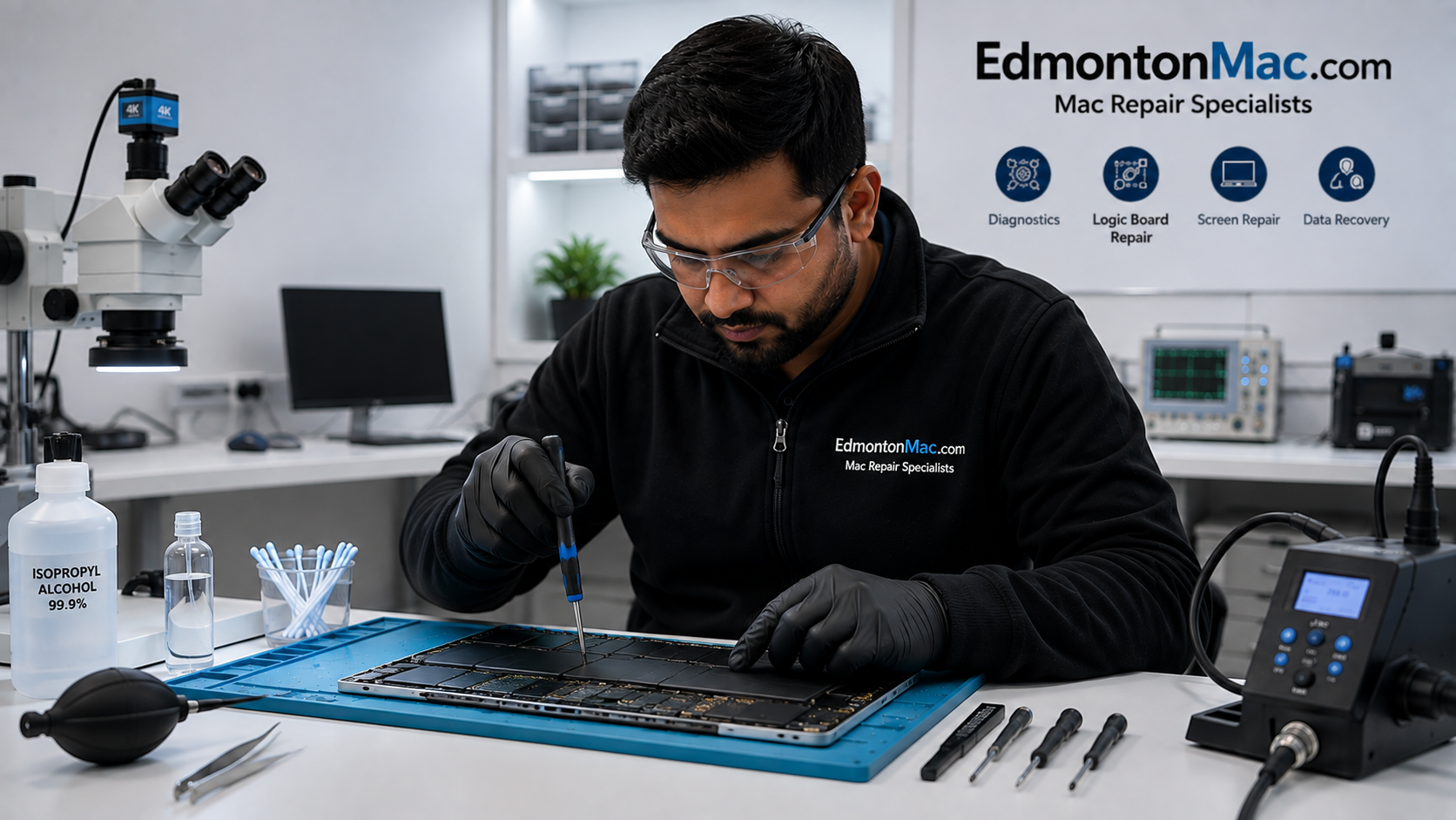 Technician replacing a MacBook battery at an Edmonton Mac repair laboratory