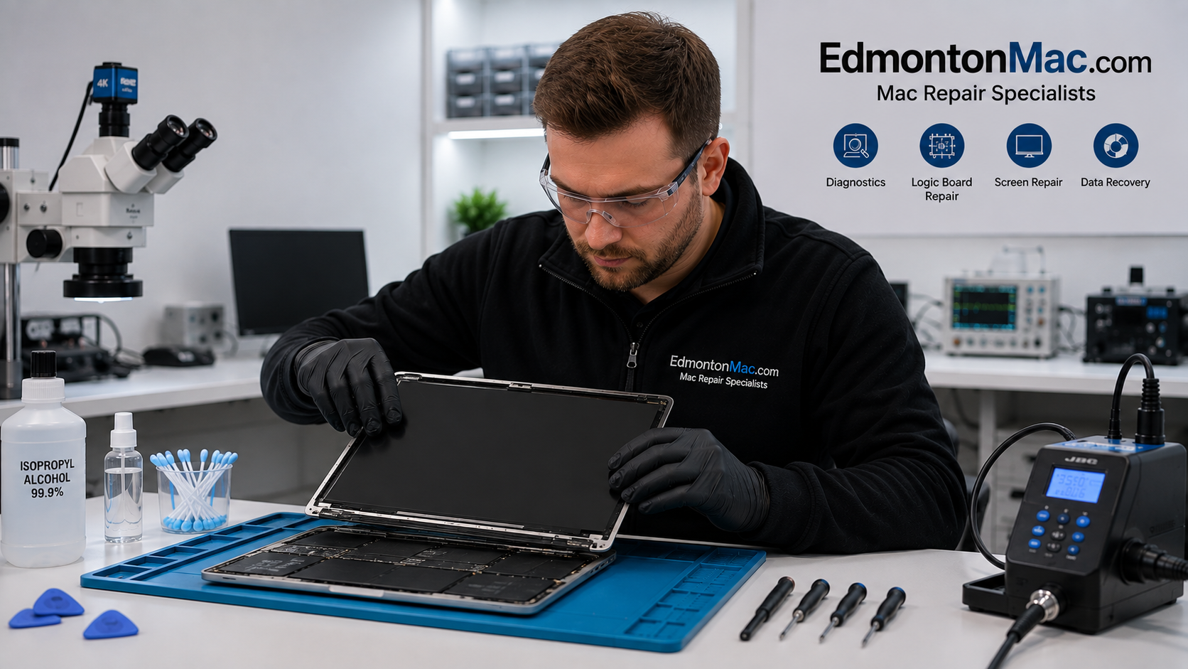 Technician replacing a MacBook screen in a professional Edmonton repair laboratory